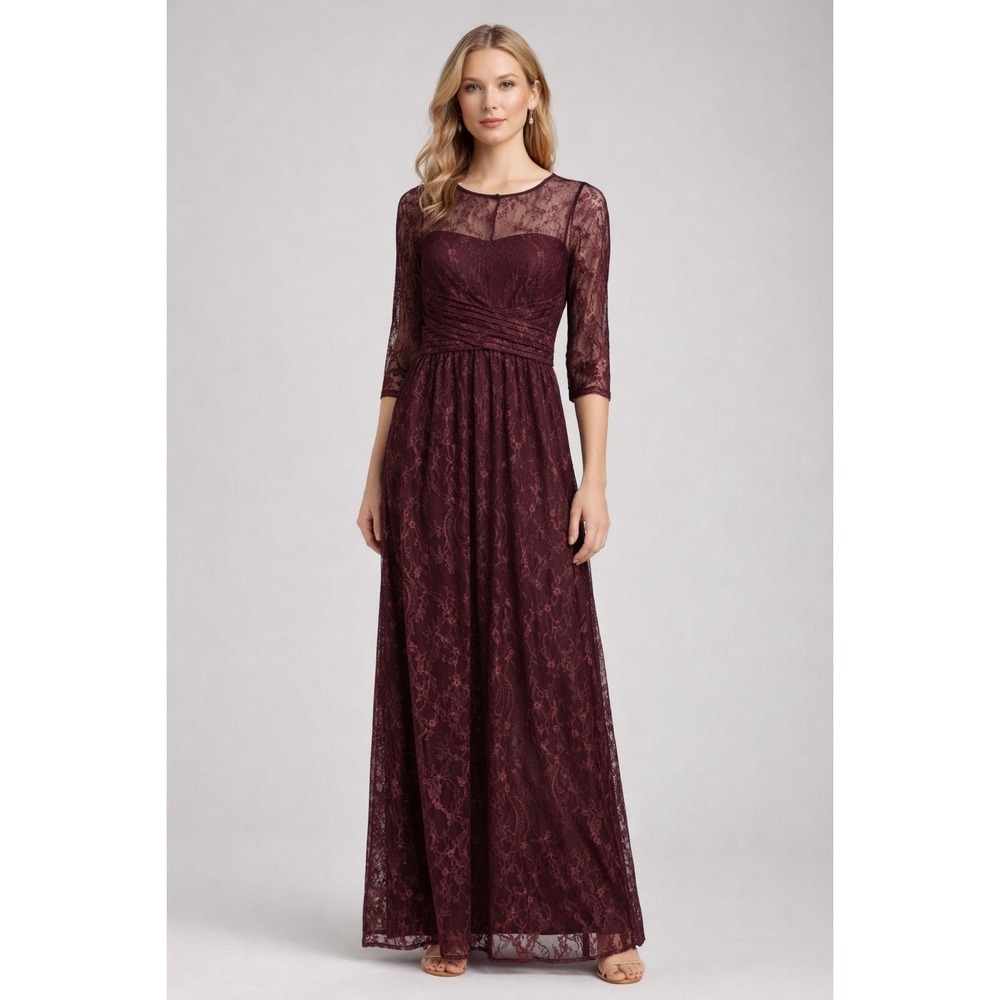 Ellen Tracy Burgundy Lace 3/4 Sleeve Lace Modern MOTB Maxi Dress Size 2